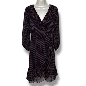 Adrianna Papell Ruffle Faux Wrap Diamond Foulard Black Red Dress Puff Sleeve 4